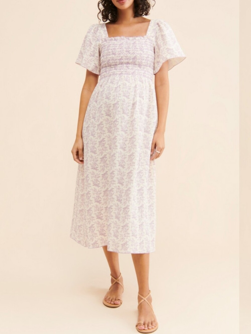 Nothing Fit But Smocked Square-Neck Midi Dress in Lavender Print Size XS Used
